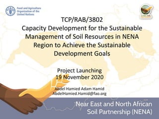 TCP/RAB/3802
Capacity Development for the Sustainable
Management of Soil Resources in NENA
Region to Achieve the Sustainable
Development Goals
Project Launching
19 November 2020
Abdel Hamied Adam Hamid
AbdelHamied.Hamid@fao.org
 