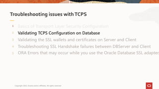 1
Validating TCPS Configuration on Database
Basics of Transport Layer Security Configuration
Troubleshooting issues withTCPS
Copyright 2022, Oracle and/or affiliates. All rights reserved
 
