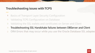 1
Troubleshooting SSL Handshake failures between DBServer and Client
Validating the SSL wallets and certificates on Server and Client
Validating TCPS Configuration on Database
Basics of Transport Layer Security Configuration
Troubleshooting issues withTCPS
Copyright 2022, Oracle and/or affiliates. All rights reserved
 