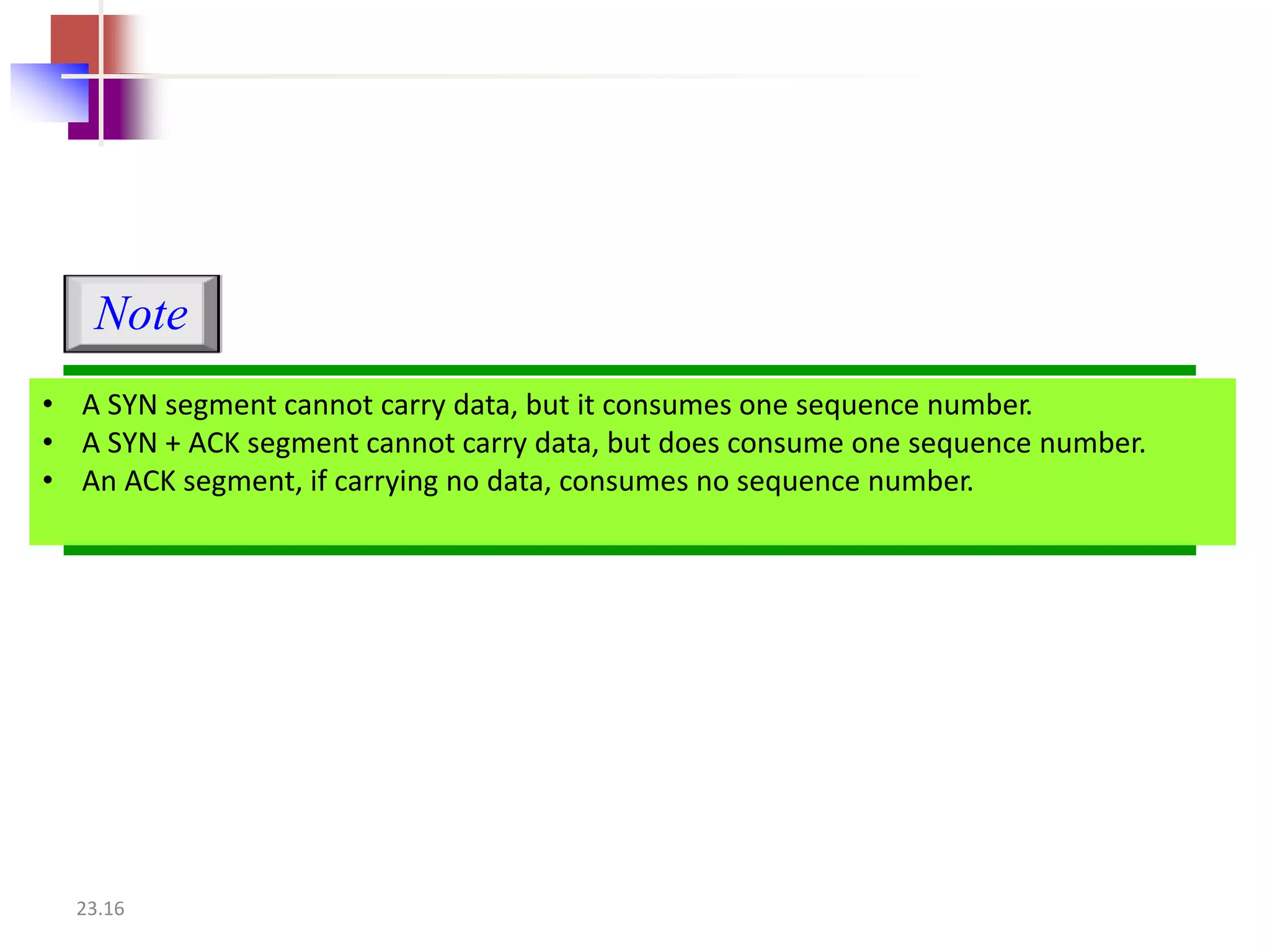 Note 
• A SYN segment cannot carry data, but it consumes one sequence number. 
• A SYN + ACK segment cannot carry data, but does consume one sequence number. 
• An ACK segment, if carrying no data, consumes no sequence number. 
23.16 
 