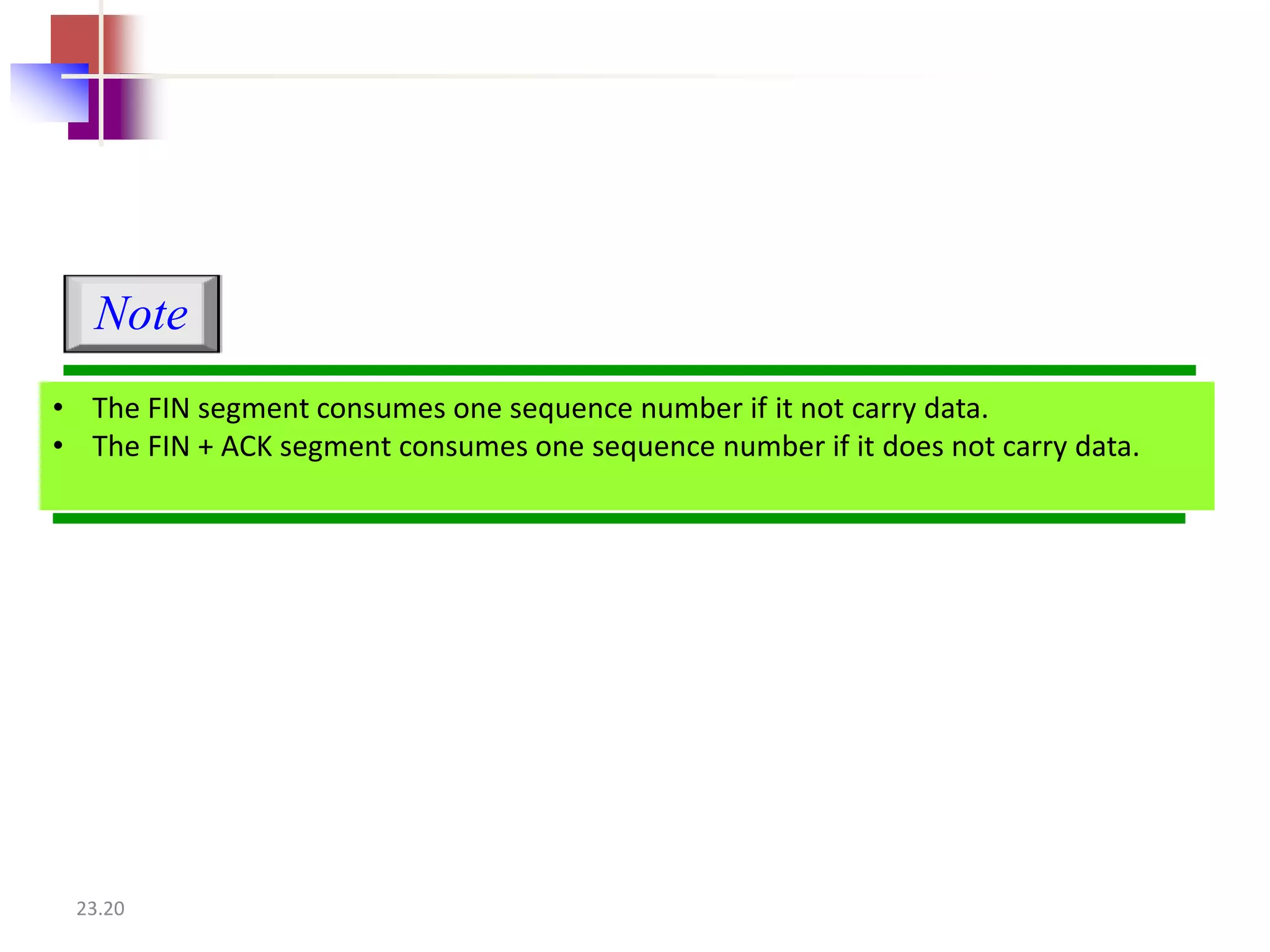 Note 
• The FIN segment consumes one sequence number if it not carry data. 
• The FIN + ACK segment consumes one sequence number if it does not carry data. 
23.20 
 