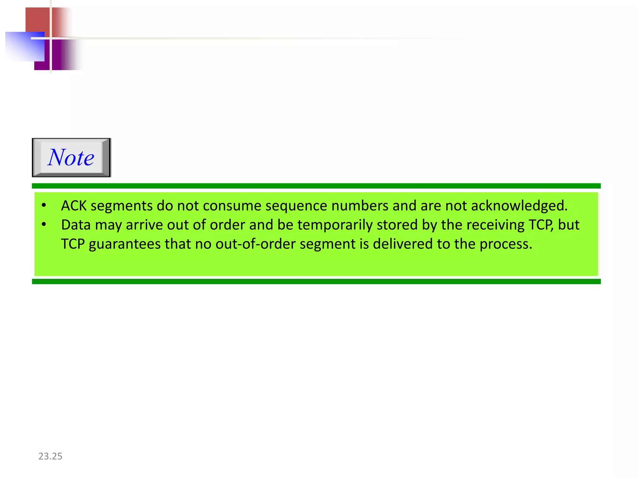 Note 
• ACK segments do not consume sequence numbers and are not acknowledged. 
• Data may arrive out of order and be temporarily stored by the receiving TCP, but 
TCP guarantees that no out-of-order segment is delivered to the process. 
23.25 
 