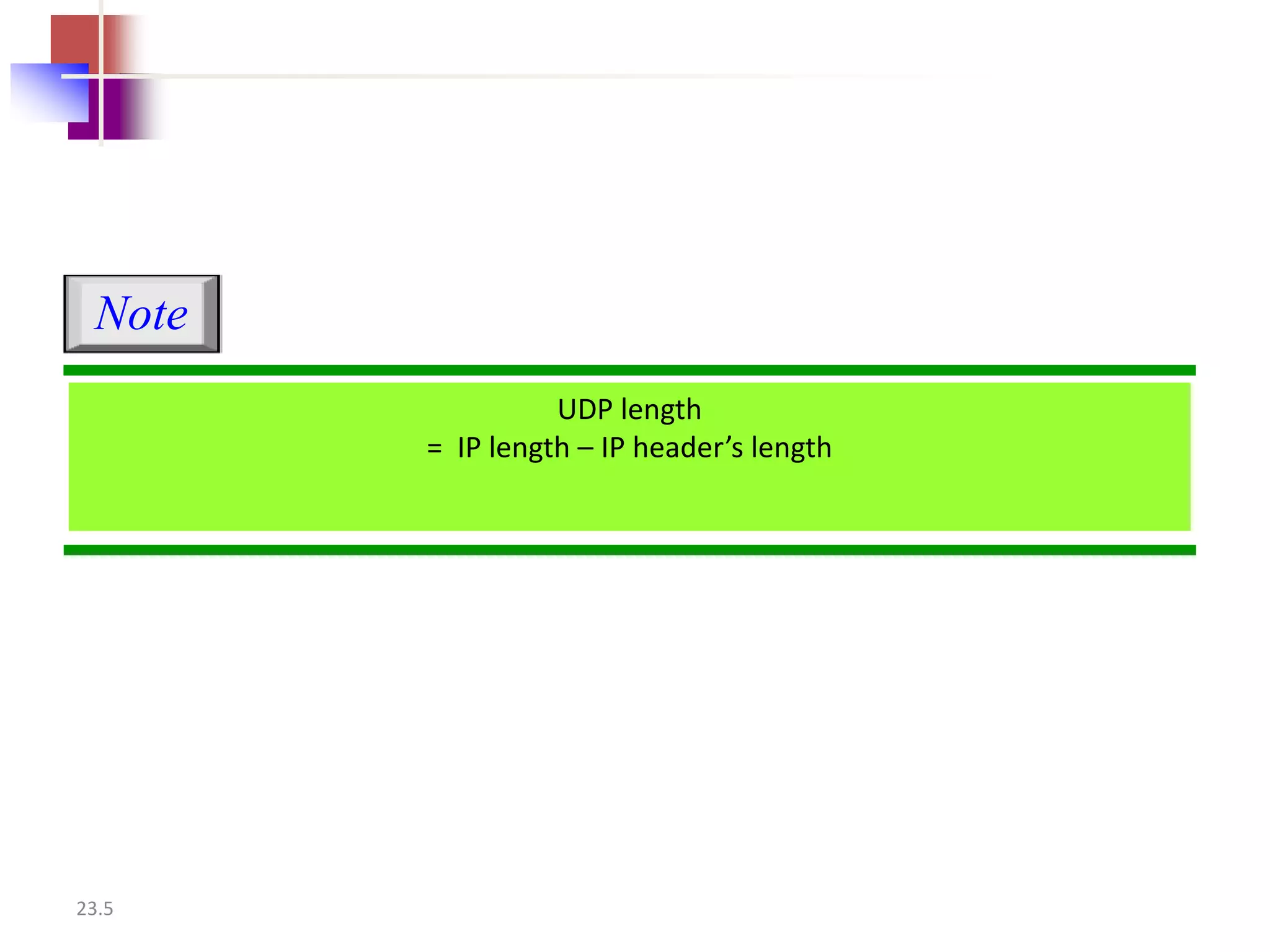 23.5 
UDP length 
= IP length – IP header’s length 
Note 
 
