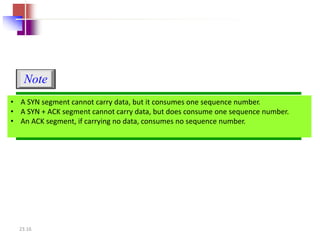 Note 
• A SYN segment cannot carry data, but it consumes one sequence number. 
• A SYN + ACK segment cannot carry data, but does consume one sequence number. 
• An ACK segment, if carrying no data, consumes no sequence number. 
23.16 
 