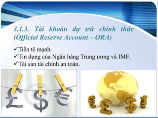 3.1.3. Tài khoản dự trữ chính thức
(Official Reserve Account – ORA)
Tiền tệ mạnh.
Tín dụng của Ngân hàng Trung ương và IMF.
Tài sản tài chính an toàn.

 