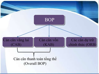 BOP

Cán cân vãng lai
(CAB)

Cán cân vốn
(KAB)

Cán cân thanh toán tổng thể
(Overall BOP)

Các cân dự trữ
chính thức (ORB)

 