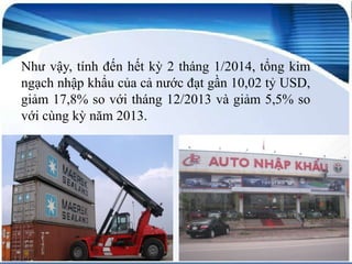 Như vậy, tính đến hết kỳ 2 tháng 1/2014, tổng kim
ngạch nhập khẩu của cả nước đạt gần 10,02 tỷ USD,
giảm 17,8% so với tháng 12/2013 và giảm 5,5% so
với cùng kỳ năm 2013.

 