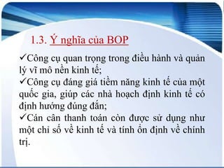 1.3. Ý nghĩa của BOP
Công cụ quan trọng trong điều hành và quản
lý vĩ mô nền kinh tế;
Công cụ đáng giá tiềm năng kinh tế của một
quốc gia, giúp các nhà hoạch định kinh tế có
định hướng đúng đắn;
Cán cân thanh toán còn được sử dụng như
một chỉ số về kinh tế và tính ổn định về chính
trị.

 