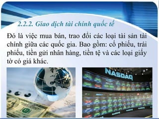 2.2.2. Giao dịch tài chính quốc tế
Đó là việc mua bán, trao đổi các loại tài sản tài
chính giữa các quốc gia. Bao gồm: cổ phiếu, trái
phiếu, tiền gửi nhân hàng, tiền tệ và các loại giấy
tờ có giá khác.

 