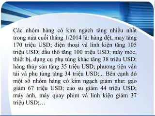 Các nhóm hàng có kim ngạch tăng nhiều nhất
trong nửa cuối tháng 1/2014 là: hàng dệt, may tăng
170 triệu USD; điện thoại và linh kiện tăng 105
triệu USD; dầu thô tăng 100 triệu USD; máy móc,
thiết bị, dụng cụ phụ tùng khác tăng 38 triệu USD;
hàng thủy sản tăng 35 triệu USD; phương tiện vận
tải và phụ tùng tăng 34 triệu USD;... Bên cạnh đó
một số nhóm hàng có kim ngạch giảm như: gạo
giảm 67 triệu USD; cao su giảm 44 triệu USD;
máy ảnh, máy quay phim và linh kiện giảm 37
triệu USD;…

 