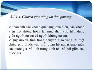 3.1.1.4. Chuyển giao vãng lai đơn phương.
Phản ánh các khoản quà tặng, quà biếu, các khoản
viện trợ không hoàn lại mục đích cho tiêu dùng
giữa người cư trú và người không cư trú.
Quy mô và tình trạng chuyển giao vãng lai một
chiều phụ thuộc vào mối quan hệ ngoại giao giữa
các quốc gia và tình trạng kinh tế - xã hội giữa các
quốc gia.

 