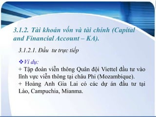 3.1.2. Tài khoản vốn và tài chính (Capital
and Financial Account – KA).
3.1.2.1. Đầu tư trực tiếp
Ví dụ:
+ Tập đoàn viễn thông Quân đội Viettel đầu tư vào
lĩnh vực viễn thông tại châu Phi (Mozambique).
+ Hoàng Anh Gia Lai có các dự án đầu tư tại
Lào, Campuchia, Mianma.

 