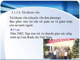 3.1.2.4. Tài khoản vốn.
Tài khoản vốn (chuyển vốn đơn phương)
Bao gồm: trao trả căn cứ quân sự và giảm hoặc
xóa nợ nước ngoài .
Ví dụ:
Năm 2002, Nga trao trả và chuyển giao các công
trình tại Cam Ranh cho Việt Nam.

 