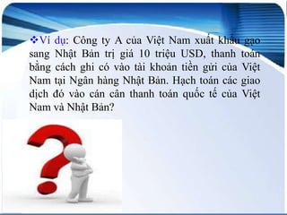 Ví dụ: Công ty A của Việt Nam xuất khẩu gạo
sang Nhật Bản trị giá 10 triệu USD, thanh toán
bằng cách ghi có vào tài khoản tiền gửi của Việt
Nam tại Ngân hàng Nhật Bản. Hạch toán các giao
dịch đó vào cán cân thanh toán quốc tế của Việt
Nam và Nhật Bản?

 