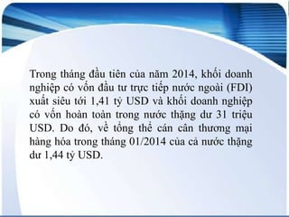Trong tháng đầu tiên của năm 2014, khối doanh
nghiệp có vốn đầu tư trực tiếp nước ngoài (FDI)
xuất siêu tới 1,41 tỷ USD và khối doanh nghiệp
có vốn hoàn toàn trong nước thặng dư 31 triệu
USD. Do đó, về tổng thể cán cân thương mại
hàng hóa trong tháng 01/2014 của cả nước thặng
dư 1,44 tỷ USD.

 