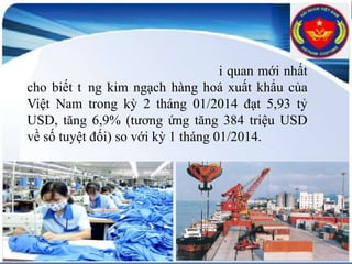 i quan mới nhất
cho biết t ng kim ngạch hàng hoá xuất khẩu của
Việt Nam trong kỳ 2 tháng 01/2014 đạt 5,93 tỷ
USD, tăng 6,9% (tương ứng tăng 384 triệu USD
về số tuyệt đối) so với kỳ 1 tháng 01/2014.

 