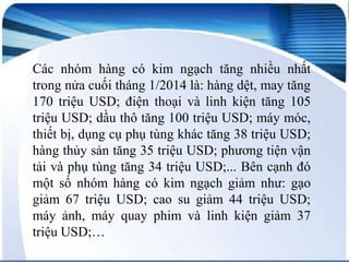 Các nhóm hàng có kim ngạch tăng nhiều nhất
trong nửa cuối tháng 1/2014 là: hàng dệt, may tăng
170 triệu USD; điện thoại và linh kiện tăng 105
triệu USD; dầu thô tăng 100 triệu USD; máy móc,
thiết bị, dụng cụ phụ tùng khác tăng 38 triệu USD;
hàng thủy sản tăng 35 triệu USD; phương tiện vận
tải và phụ tùng tăng 34 triệu USD;... Bên cạnh đó
một số nhóm hàng có kim ngạch giảm như: gạo
giảm 67 triệu USD; cao su giảm 44 triệu USD;
máy ảnh, máy quay phim và linh kiện giảm 37
triệu USD;…

 