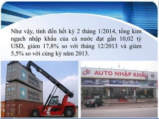 Như vậy, tính đến hết kỳ 2 tháng 1/2014, tổng kim
ngạch nhập khẩu của cả nước đạt gần 10,02 tỷ
USD, giảm 17,8% so với tháng 12/2013 và giảm
5,5% so với cùng kỳ năm 2013.

 