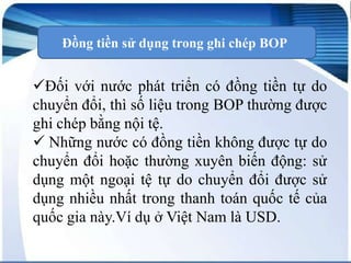 Đồng tiền sử dụng trong ghi chép BOP

Đối với nước phát triển có đồng tiền tự do
chuyển đổi, thì số liệu trong BOP thường được
ghi chép bằng nội tệ.
 Những nước có đồng tiền không được tự do
chuyển đổi hoặc thường xuyên biến động: sử
dụng một ngoại tệ tự do chuyển đổi được sử
dụng nhiều nhất trong thanh toán quốc tế của
quốc gia này.Ví dụ ở Việt Nam là USD.

 