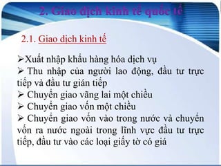 2. Giao dịch kinh tế quốc tế
2.1. Giao dịch kinh tế

Xuất nhập khẩu hàng hóa dịch vụ
 Thu nhập của người lao động, đầu tư trực
tiếp và đầu tư gián tiếp
 Chuyển giao vãng lai một chiều
 Chuyển giao vốn một chiều
 Chuyển giao vốn vào trong nước và chuyển
vốn ra nước ngoài trong lĩnh vực đầu tư trực
tiếp, đầu tư vào các loại giấy tờ có giá

 