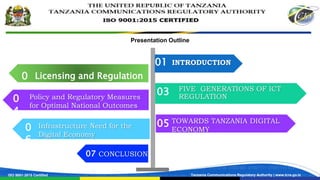 ISO 9001:2015 Certified Tanzania Communications Regulatory Authority | www.tcra.go.tz
INTRODUCTION
01
Licensing and Regulation
0
2 03
TOWARDS TANZANIA DIGITAL
ECONOMY
05
04
Infrastructure Need for the
Digital Economy
0
6
Presentation Outline
CONCLUSION
07
FIVE GENERATIONS OF ICT
REGULATION
Policy and Regulatory Measures
for Optimal National Outcomes
0
4
 