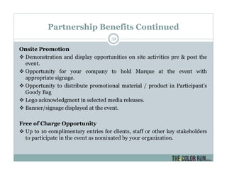 Partnership Benefits Continued
32
Onsite Promotion
Demonstration and display opportunities on site activities pre & post the
event.
Opportunity for your company to hold Marque at the event with
appropriate signage.
Opportunity to distribute promotional material / product in Participant’s
Goody Bag
Logo acknowledgment in selected media releases.
Banner/signage displayed at the event.
Free of Charge Opportunity
Up to 10 complimentary entries for clients, staff or other key stakeholders
to participate in the event as nominated by your organization.
 