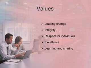 Values
 Leading change

 Integrity
 Respect for individuals
 Excellence
 Learning and sharing

 