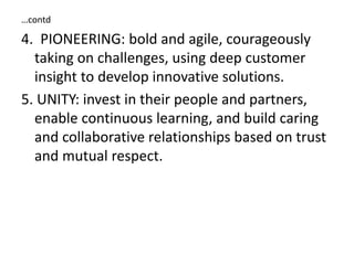 …contd
4. PIONEERING: bold and agile, courageously
taking on challenges, using deep customer
insight to develop innovative solutions.
5. UNITY: invest in their people and partners,
enable continuous learning, and build caring
and collaborative relationships based on trust
and mutual respect.
 