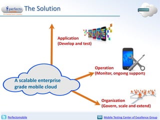 The Solution

Application
(Develop and test)

Operation
(Monitor, ongoing support)

A scalable enterprise
grade mobile cloud
Organization
(Govern, scale and extend)
Perfectomobile

Mobile Testing Center of Excellence Group

 
