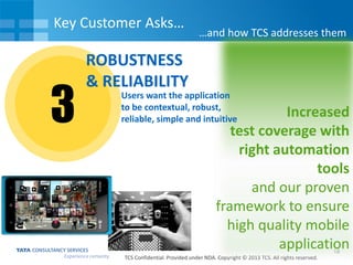 Key Customer Asks…

3

…and how TCS addresses them

ROBUSTNESS
& RELIABILITY
Users want the application
to be contextual, robust,
reliable, simple and intuitive

Increased
test coverage with
right automation
tools
and our proven
framework to ensure
high quality mobile
application
18

TCS Confidential. Provided under NDA. Copyright © 2013 TCS. All rights reserved.

 