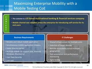 Maximizing Enterprise Mobility with a
Mobile Testing CoE
C
O
N
T
E
X
T

• The customer is a US based multinational banking & financial services company

• Mobile channel was adopted across the enterprise for introducing self-service for its
end users

Business Requirements

IT Challenges

• Reliable and robust mobile application

• Shared infrastructure for multiple units

• Simultaneous mobile application releases

• Selection of target devices

• Faster time to market

• Remote accessibility across multiple
geographies

• Multiple mobile OS support (iOS, Android,
Windows, Blackberry)
• User Data Security

• Test automation and performance
monitoring

• Low cost

• Agile testing
21
TCS Confidential. Provided under NDA. Copyright © 2013 TCS. All rights reserved.

 