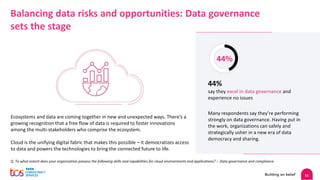 11
Balancing data risks and opportunities: Data governance
sets the stage
Ecosystems and data are coming together in new and unexpected ways. There’s a
growing recognition that a free flow of data is required to foster innovations
among the multi-stakeholders who comprise the ecosystem.
Cloud is the unifying digital fabric that makes this possible – it democratizes access
to data and powers the technologies to bring the connected future to life.
Q. To what extent does your organization possess the following skills and capabilities for cloud environments and applications? :- Data governance and compliance
44%
44%
say they excel in data governance and
experience no issues
Many respondents say they’re performing
strongly on data governance. Having put in
the work, organizations can safely and
strategically usher in a new era of data
democracy and sharing.
 