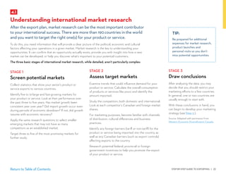 STEP-BY-STEP GUIDE TO EXPORTING | 22Return to Table of Contents
STAGE 2
Assess target markets
Examine trends that could influence demand for your
product or service. Calculate the overall consumption
of products or services like yours and identify the
amount imported.
Study the competition, both domestic and international.
Look at each competitor’s Canadian and foreign market
shares.
For marketing purposes, become familiar with channels
of distribution, cultural differences and business
practices.
Identify any foreign barriers (tariff or non-tariff) for the
product or service being imported into the country, as
well as any Canadian barriers (such as export controls)
affecting exports to the country.
Research potential federal, provincial or foreign
government incentives to help you promote the export
of your product or service.
STAGE 1
Screen potential markets
Collect statistics that show your sector’s product or
service exports to various countries.
Identify five to 10 large and fast-growing markets for
your product or service. Look at their performance over
the past three to five years. Has market growth been
consistent year over year? Did import growth occur even
during periods of economic slowdown? If not, did growth
resume with economic recovery?
Apply the same research questions to select smaller
emerging markets that may not have as many
competitors as an established market.
Target three to five of the most promising markets for
further study.
4.1
Understanding international market research
After the export plan, market research can be the most important contributor
to your international success. There are more than 190 countries in the world
and you want to target the right one(s) for your product or service.
To do this, you need information that will provide a clear picture of the political, economic and cultural
factors affecting your operations in a given market. Market research is the key to understanding your
opportunities. It can confirm that an opportunity actually exists, provide you with insight into how a new
market can be developed, or help you discover what’s important to your potential customers.
The three basic stages of international market research, while detailed, aren’t particularly complex:
STAGE 3
Draw conclusions
After analyzing the data, you may
decide that you should restrict your
marketing efforts to a few countries.
In general, one or two countries are
usually enough to start with.
With these conclusions in hand, you
can begin to develop your marketing
strategy (see Step 5 ).
Source: Adapted with permission from
Western Economic Diversification Canada.
TIP:
Be prepared for additional
expenses for market research,
product launches and
personal visits so you don’t
miss potential opportunities.
 