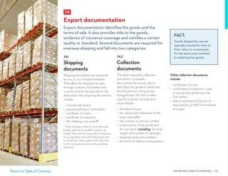STEP-BY-STEP GUIDE TO EXPORTING | 53Return to Table of Contents
7.9.2
Collection
documents
The most important collection
document is probably
the commercial invoice, which
describes the goods in detail and
lists the amount owing by the
foreign buyer. This form is also
used for customs records and
must include:
•	 the date of issue
•	 the names and addresses of the
buyer and seller
•	 the contract or invoice number
•	 a description of the goods and
the unit price  including  the total
weight and number of packages
•	 shipping marks and numbers
•	 the terms of delivery and payment
7.9.1
Shipping
documents
Shipping documents are prepared
by you or your freight forwarder.
They allow the shipment to pass
through customs, be loaded onto
a carrier and be transported to the
destination. Key shipping documents
include:
•	 commercial invoice
•	 special packing or marking list
•	 certificate of origin
•	 certificate of insurance
•	 bill of lading / air waybill*
* A bill of lading is used for land and ocean
freight, while an air waybill is used for air
freight. Note that the ocean bill of lading can
be a negotiable instrument that passes title
to the goods. Other types of bills pass title
to the consignee as soon as the goods are
delivered.
7.9
Export documentation
Export documentation identifies the goods and the
terms of sale. It also provides title to the goods,
evidence of insurance coverage and certifies a certain
quality or standard. Several documents are required for
overseas shipping and fall into two categories:
FACT:
Goods shipped by sea are
typically insured for 110% of
their value, to compensate
for the extra costs involved
in replacing lost goods.
Other collection documents
include:
•	 certificates of origin
•	 certificates of inspection, used
to ensure that goods are free
from defect
•	 import and export licences, as
required (e.g. a NAFTA certificate
of origin)
 