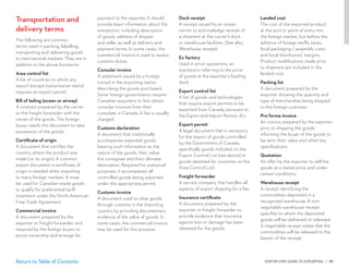 STEP-BY-STEP GUIDE TO EXPORTING | 89Return to Table of Contents
Dock receipt
A receipt issued by an ocean
carrier to acknowledge receipt of
a shipment at the carrier’s dock
or warehouse facilities. (See also,
Warehouse receipt)
Ex factory
Used in price quotations, an
expression referring to the price
of goods at the exporter’s loading
dock.
Export control list
A list of goods and technologies
that require export permits to be
exported from Canada, pursuant to
the Export and Import Permits Act.
Export permit 
A legal document that is necessary
for the export of goods controlled
by the Government of Canada,
specifically goods included on the
Export Control List (see above) or
goods destined for countries on the
Area Control List).
Freight forwarder
A service company that handles all
aspects of export shipping for a fee.
Insurance certificate
A document prepared by the
exporter or freight forwarder to
provide evidence that insurance
against loss or damage has been
obtained for the goods.
payment to the exporter. It should
provide basic information about the
transaction, including description
of goods, address of shipper
and seller as well as delivery and
payment terms. In some cases, the
commercial invoice is used to assess
customs duties.
Consular invoice
A statement issued by a foreign
consul in the exporting nation
describing the goods purchased.
Some foreign governments require
Canadian exporters to first obtain
consular invoices from their
consulate in Canada. A fee is usually
charged.
Customs declaration
A document that traditionally
accompanies exported goods
bearing such information as the
nature of the goods, their value,
the consignee and their ultimate
destination. Required for statistical
purposes, it accompanies all
controlled goods being exported
under the appropriate permit.
Customs invoice
A document used to clear goods
through customs in the importing
country by providing documentary
evidence of the value of goods. In
some cases, the commercial invoice
may be used for this purpose.
Transportation and
delivery terms
The following are common
terms used in packing, labelling,
transporting and delivering goods
to international markets. They are in
addition to the above Incoterms.
Area control list
A list of countries to which any
export (except humanitarian items)
requires an export permit.
Bill of lading (ocean or airway)
A contract prepared by the carrier
or the freight forwarder with the
owner of the goods. The foreign
buyer needs this document to take
possession of the goods.
Certificate of origin
A document that certifies the
country where the product was
made (i.e. its origin). A common
export document, a certificate of
origin is needed when exporting
to many foreign markets. It must
be used for Canadian-made goods
to qualify for preferential tariff
treatment under the North American
Free Trade Agreement.
Commercial invoice
A document prepared by the
exporter or freight forwarder, and
required by the foreign buyer, to
prove ownership and arrange for
Landed cost
The cost of the exported product
at the port or point of entry into
the foreign market, but before the
addition of foreign tariffs, taxes,
local packaging / assembly costs
and local distributors’ margins.
Product modifications made prior
to shipment are included in the
landed cost.
Packing list
A document prepared by the
exporter showing the quantity and
type of merchandise being shipped
to the foreign customer.
Pro forma invoice
An invoice prepared by the exporter
prior to shipping the goods,
informing the buyer of the goods to
be sent, their value and other key
specifications.
Quotation
An offer by the exporter to sell the
goods at a stated price and under
certain conditions.
Warehouse receipt
A receipt identifying the
commodities deposited in a
recognized warehouse. A non-
negotiable warehouse receipt
specifies to whom the deposited
goods will be delivered or released.
A negotiable receipt states that the
commodities will be released to the
bearer of the receipt.
 