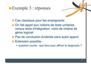 Exemple 3 : réponses

  Cas classique pour les enseignants
  On fait appel aux notions de tests unitaires
   versus tests d'intégration, voire de chaîne de
   génie logiciel
  Pas de conclusion évidente sans autre apport
  Extension possible :
     >  question courte : que faire pour affiner le diagnostic ?




                                                               17
 