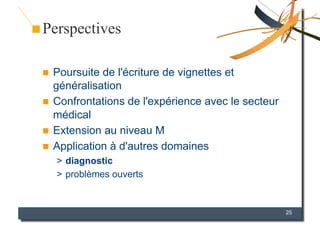 Perspectives

  Poursuite de l'écriture de vignettes et
   généralisation
  Confrontations de l'expérience avec le secteur
   médical
  Extension au niveau M
  Application à d'autres domaines
     >  diagnostic
     >  problèmes ouverts


                                                    25
 