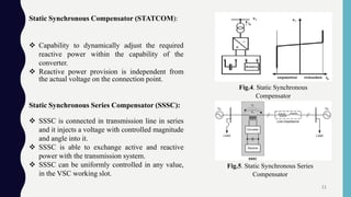 Static Synchronous Compensator (STATCOM):
 Capability to dynamically adjust the required
reactive power within the capability of the
converter.
 Reactive power provision is independent from
the actual voltage on the connection point.
Fig.4. Static Synchronous
Compensator
Static Synchronous Series Compensator (SSSC):
 SSSC is connected in transmission line in series
and it injects a voltage with controlled magnitude
and angle into it.
 SSSC is able to exchange active and reactive
power with the transmission system.
 SSSC can be uniformly controlled in any value,
in the VSC working slot.
Fig.5. Static Synchronous Series
Compensator
11
 