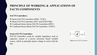 PRINCIPLE OF WORKING & APPLICATIONS OF
FACTS COMPONENTS
FACTS Controllers:
 Series FACTS Controllers (SSSC, TCSC)
 Shunt FACTS Controllers (SVC and STATCOM)
 Combined Series-Series FACTS Controllers (IPFC)
 Combined Series-Shunt FACTS Controllers (UPFC)
Series FACTS Controllers
FACTS Controllers could be variable impedance such as
capacitor, reactor or a power electronic based variable
source, which in principle injects voltage in series with the
line .
Fig.1(a). Series FACTS Controllers
8
 