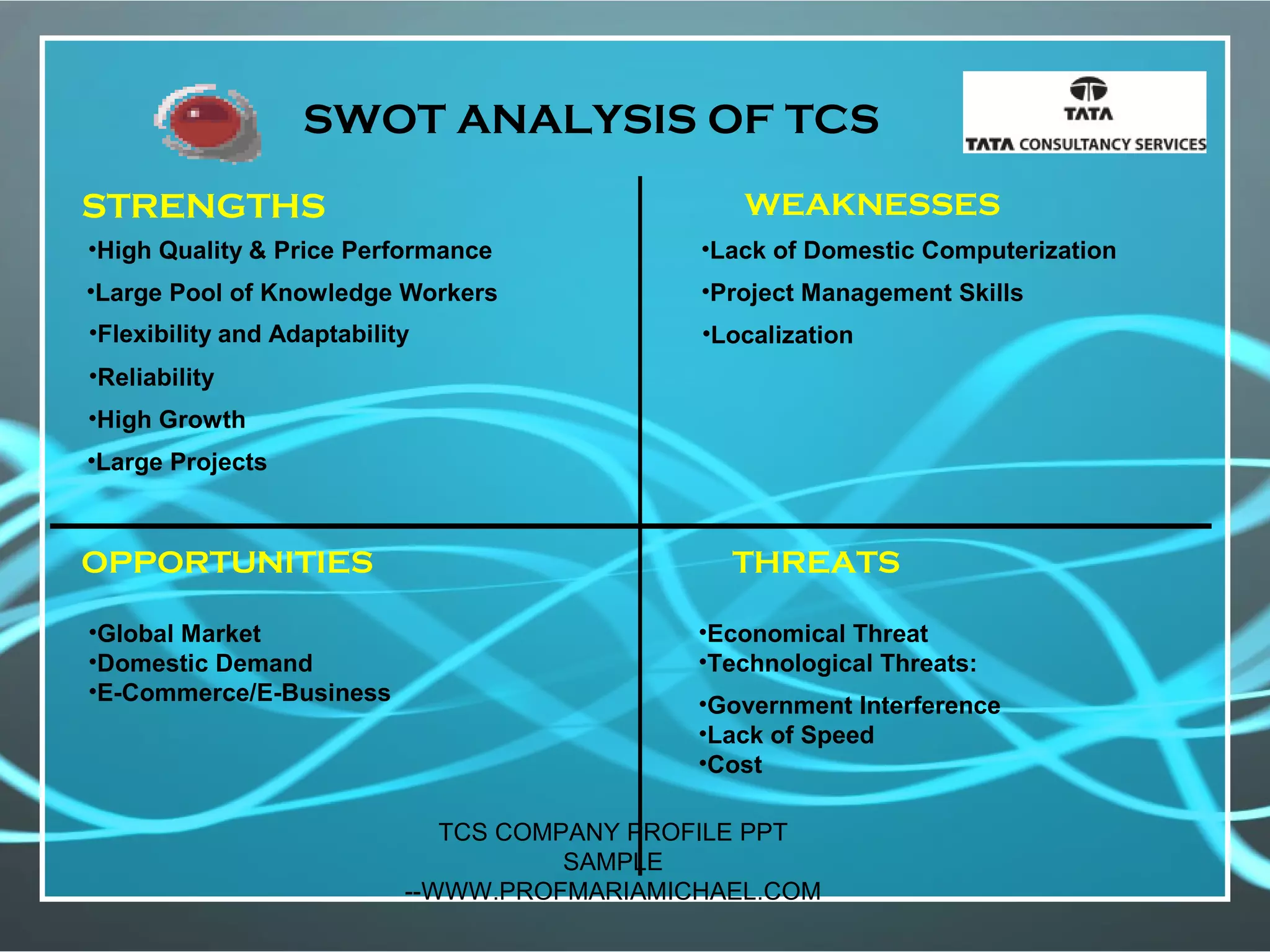 STRENGTHS
SWOT ANALYSIS OF TCS
WEAKNESSES
OPPORTUNITIES THREATS
•High Quality & Price Performance
•Large Pool of Knowledge Workers
•Flexibility and Adaptability
•Reliability
•High Growth
•Large Projects
•Lack of Domestic Computerization
•Project Management Skills
•Localization
•Global Market
•Domestic Demand
•E-Commerce/E-Business
•Economical Threat
•Technological Threats:
•Government Interference
•Lack of Speed
•Cost
TCS COMPANY PROFILE PPT
SAMPLE
--WWW.PROFMARIAMICHAEL.COM
 