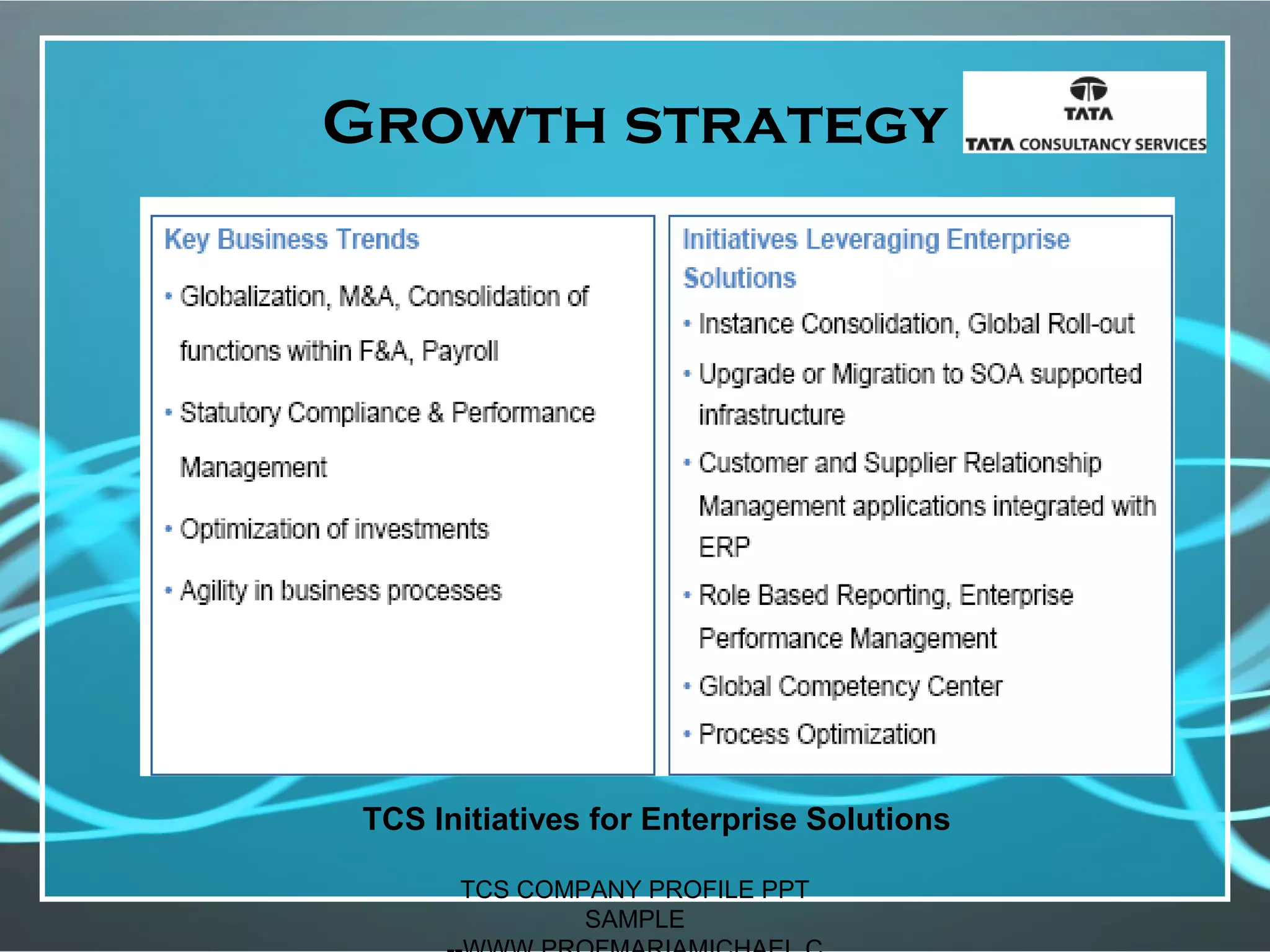Growth strategy
TCS Initiatives for Enterprise Solutions
TCS COMPANY PROFILE PPT
SAMPLE
 