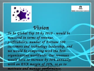 Vision
To be Global Top 10 by 2010 - would be
measured in terms of revenue,
profitability, number of Fortune 500
customers and technology leadership, and
we would be competing with the best
organizations worldwide. Our revenues
would have to increase by 50% annually,
with an EVA margin of 20%, so as to
motivate and manage performance.
TCS COMPANY PROFILE PPT
SAMPLE
 