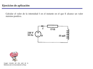 Ejercicios de aplicación
Imagen tomada del sitio web de la
Biblioteca de la Universidad de la Rioja
Calcular el valor de la intensidad I en el instante en el que E alcance un valor
máximo positivo.
 
