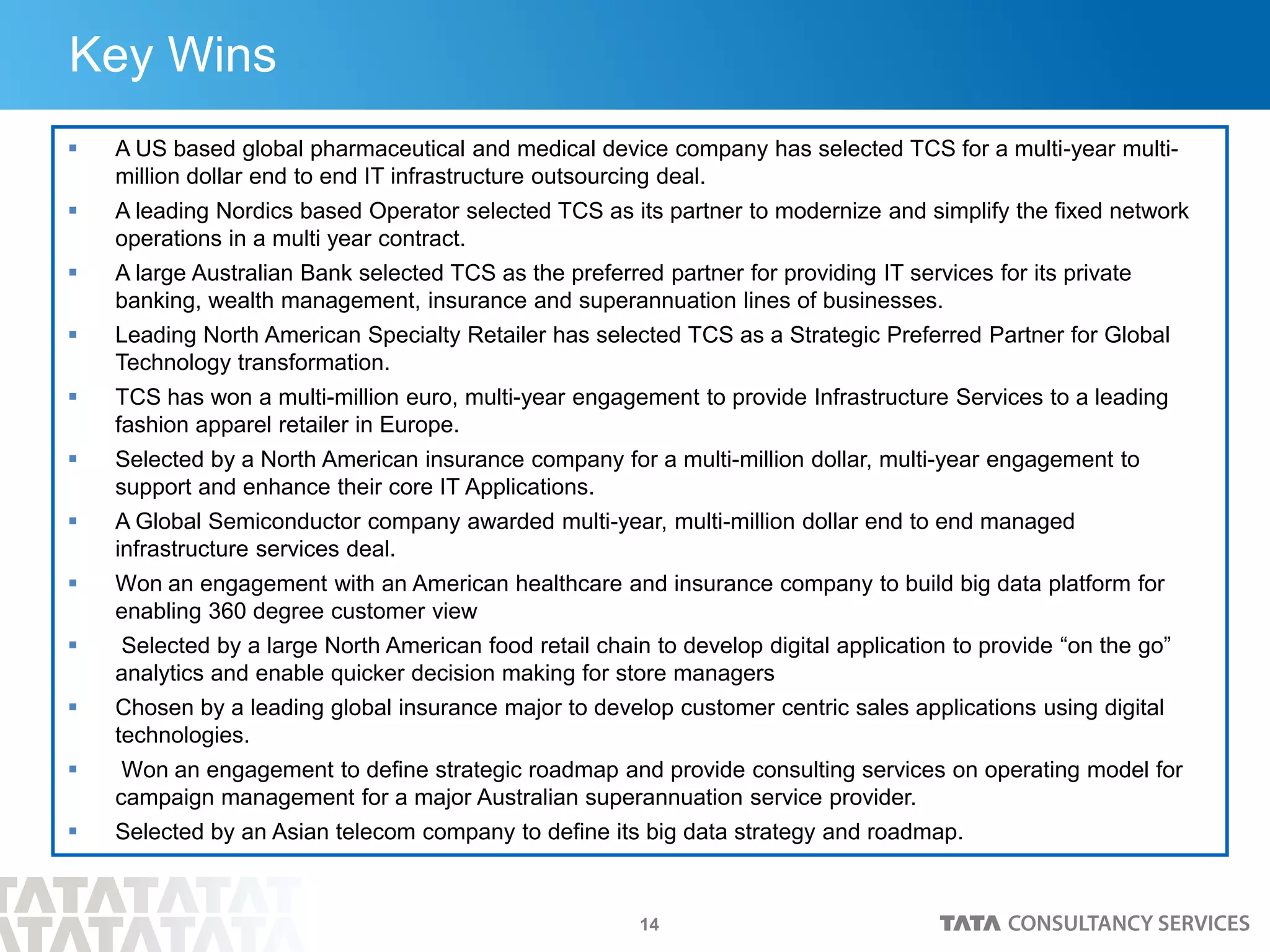 14
Key Wins
 A US based global pharmaceutical and medical device company has selected TCS for a multi-year multi-
million dollar end to end IT infrastructure outsourcing deal.
 A leading Nordics based Operator selected TCS as its partner to modernize and simplify the fixed network
operations in a multi year contract.
 A large Australian Bank selected TCS as the preferred partner for providing IT services for its private
banking, wealth management, insurance and superannuation lines of businesses.
 Leading North American Specialty Retailer has selected TCS as a Strategic Preferred Partner for Global
Technology transformation.
 TCS has won a multi-million euro, multi-year engagement to provide Infrastructure Services to a leading
fashion apparel retailer in Europe.
 Selected by a North American insurance company for a multi-million dollar, multi-year engagement to
support and enhance their core IT Applications.
 A Global Semiconductor company awarded multi-year, multi-million dollar end to end managed
infrastructure services deal.
 Won an engagement with an American healthcare and insurance company to build big data platform for
enabling 360 degree customer view
 Selected by a large North American food retail chain to develop digital application to provide “on the go”
analytics and enable quicker decision making for store managers
 Chosen by a leading global insurance major to develop customer centric sales applications using digital
technologies.
 Won an engagement to define strategic roadmap and provide consulting services on operating model for
campaign management for a major Australian superannuation service provider.
 Selected by an Asian telecom company to define its big data strategy and roadmap.
 