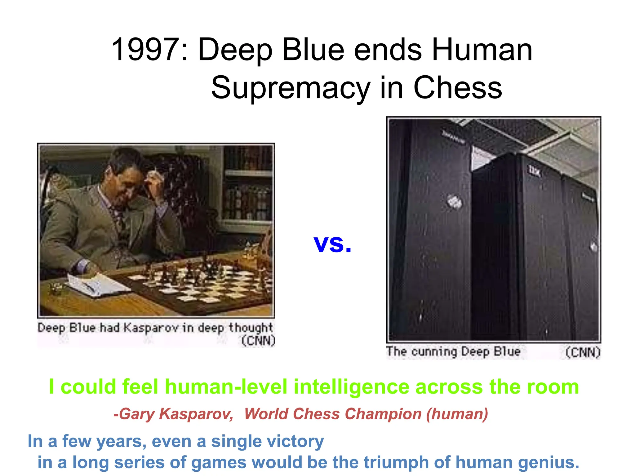 1997: Deep Blue ends Human
Supremacy in Chess
I could feel human-level intelligence across the room
-Gary Kasparov, World Chess Champion (human)
In a few years, even a single victory
in a long series of games would be the triumph of human genius.
vs.
 
