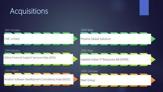 Acquisitions
2001 October
CMC Limited
2004 January
Airline Financial Support Services India (AFSI)
2004 March
Aviation Software Development Consultancy India (ASDC)
2004 May
Phoenix Global Solutions
2005 May
Swedish Indian IT Resources AB (SITAR)
2005 October
Pearl Group
 