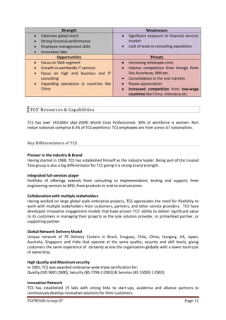 Strength                                          Weaknesses
       Extensive global reach                            Significant exposure to financial services
       Strong financial performance                       market
       Employee management skills                        Lack of scale in consulting operations
       Innovation labs
                  Opportunities                                         Threats
       Focus on SMB segment                              Increasing employee costs
       Growth in worldwide IT services                   Intense competition from foreign firms
       Focus on high end business and IT                  like Accenture, IBM etc.
        consulting                                        Consolidation in the end markets
       Expanding operations in countries like            Rupee appreciation
        China                                             Increased competition from low-wage
                                                           countries like China, Indonesia etc.


 TCS’ Resources & Capabilities

TCS has over 143,000+ (Apr-2009) World Class Professionals. 30% of workforce is women. Non
Indian nationals comprise 8.3% of TCS workforce. TCS employees are from across 67 nationalities.


Key Differentiators of TCS

Pioneer in the industry & Brand
Having started in 1968, TCS has established himself as the industry leader. Being part of the trusted
Tata group is also a big differentiator for TCS giving it a strong brand strength.

Integrated full-services player
Portfolio of offerings extends from consulting to implementation, testing and support; from
engineering services to BPO; from products to end-to-end solutions.

Collaboration with multiple stakeholders
Having worked on large global scale enterprise projects, TCS appreciates the need for flexibility to
work with multiple stakeholders from customers, partners, and other service providers. TCS have
developed innovative engagement models that have proven TCS’ ability to deliver significant value
to its customers in managing their projects as the sole solution provider, or prime/lead partner, or
supporting partner.

Global Network Delivery Model
Unique network of 79 Delivery Centers in Brazil, Uruguay, Chile, China, Hungary, UK, Japan,
Australia, Singapore and India that operate at the same quality, security and skill levels, giving
customers the same experience of certainty across the organization globally with a lower total cost
of ownership.

High Quality and Maximum security
In 2005, TCS was awarded enterprise-wide triple certification for:
Quality (ISO 9001:2000), Security (BS 7799-2:2002) & Services (BS 15000-1:2002)

Innovation Network
TCS has established 19 labs with strong links to start-ups, academia and alliance partners to
continuously develop innovative solutions for their customers.
PGPM508-Group 07                                                                            Page 11
 