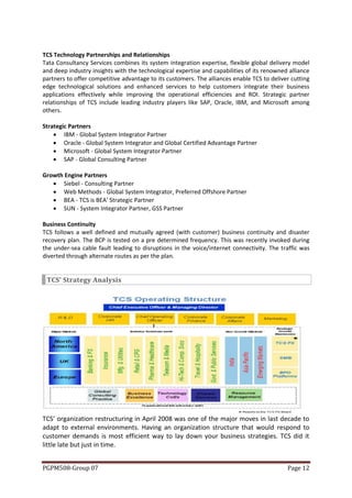 TCS Technology Partnerships and Relationships
Tata Consultancy Services combines its system integration expertise, flexible global delivery model
and deep industry insights with the technological expertise and capabilities of its renowned alliance
partners to offer competitive advantage to its customers. The alliances enable TCS to deliver cutting
edge technological solutions and enhanced services to help customers integrate their business
applications effectively while improving the operational efficiencies and ROI. Strategic partner
relationships of TCS include leading industry players like SAP, Oracle, IBM, and Microsoft among
others.

Strategic Partners
     IBM - Global System Integrator Partner
     Oracle - Global System Integrator and Global Certified Advantage Partner
     Microsoft - Global System Integrator Partner
     SAP - Global Consulting Partner

Growth Engine Partners
    Siebel - Consulting Partner
    Web Methods - Global System Integrator, Preferred Offshore Partner
    BEA - TCS is BEA’ Strategic Partner
    SUN - System Integrator Partner, GSS Partner

Business Continuity
TCS follows a well defined and mutually agreed (with customer) business continuity and disaster
recovery plan. The BCP is tested on a pre determined frequency. This was recently invoked during
the under-sea cable fault leading to disruptions in the voice/internet connectivity. The traffic was
diverted through alternate routes as per the plan.


 TCS’ Strategy Analysis




TCS’ organization restructuring in April 2008 was one of the major moves in last decade to
adapt to external environments. Having an organization structure that would respond to
customer demands is most efficient way to lay down your business strategies. TCS did it
little late but just in time.


PGPM508-Group 07                                                                            Page 12
 