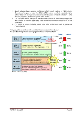    Quickly adapt and gain customer confidence in high growth markets. In FY2009, Indian
       domestic market grew by more than 20%, but TCS revenue from India increased only by
       6.46%. TCS should leverage its success stories (IRCTC success done by its subsidiary – CMC,
       Passport project etc.) to drive the growth in this market.
      TCS has rightly placed SMB (Small and Medium Businesses) as a separate strategic unit,
       which should be focused aggressively. They should also focus consulting practice on the
       same radar.
      TCS (rather all Indian IT players) should focus more on increasing their IP (Intellectual
       Property) assets.

Finally would like to conclude with a prediction/recommendation from Gartner:
The role of an IT Organization is changing and will have a “service effect”.




PGPM508-Group 07                                                                         Page 20
 