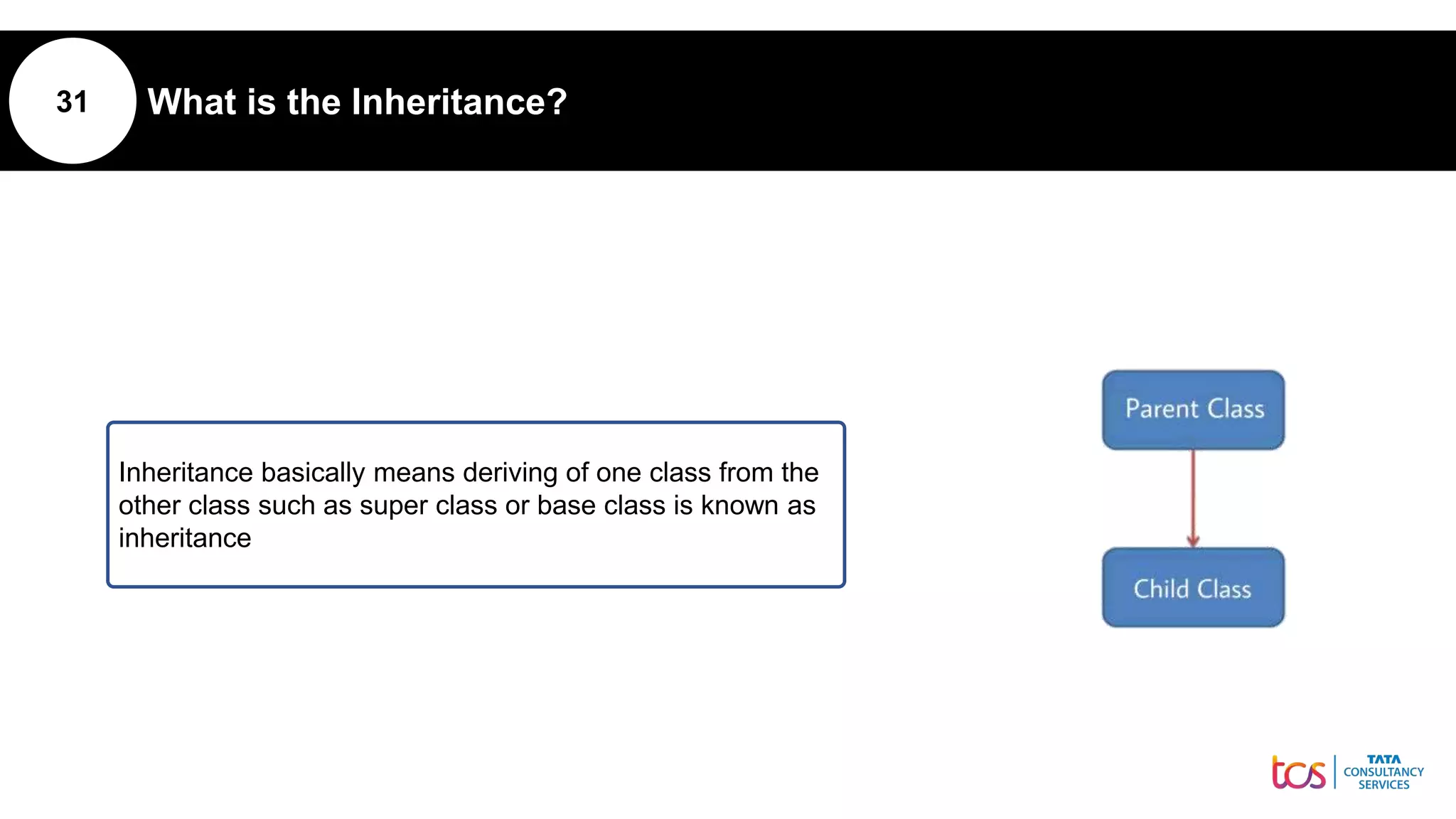 31 What is the Inheritance?
Inheritance basically means deriving of one class from the
other class such as super class or base class is known as
inheritance
 